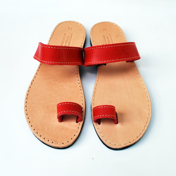 Light red toe ring sandals, handmade women leather sandals, handmade wholesale