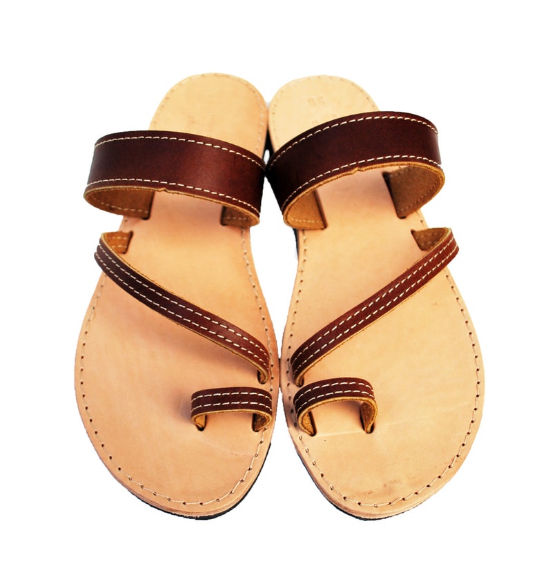 Brown Women Leather Sandals Toe Ring Slide Sandals Wholesale Etsy