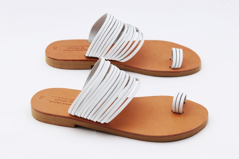 White toe ring sandals, boho leather summer sandals. White