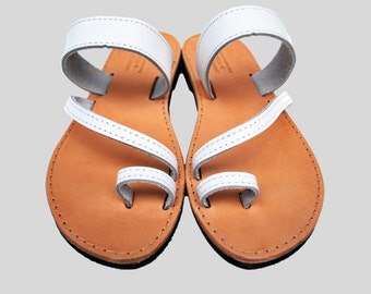 Sandales blanches pour femmes, sandales à anneau d’orteil en cuir