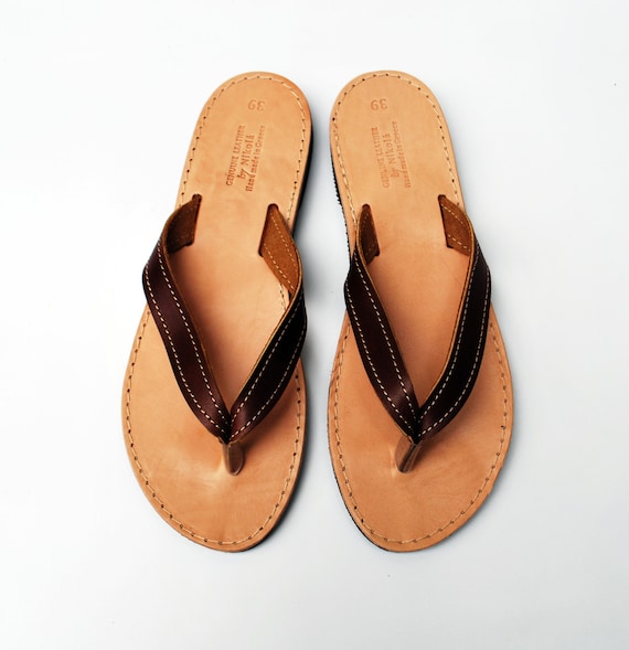 Dark brown sale leather flip flops