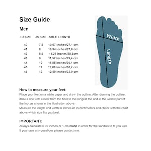 May include: A white size guide for men's shoes, with EU and US sizes, and sole lengths in inches and centimeters. Includes instructions on how to measure feet for the correct shoe size. A blue foot outline illustrates the measurement points.