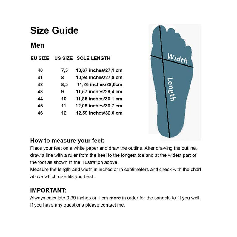 May include: A white size guide for men's shoes, with EU and US sizes, and sole lengths in inches and centimeters. Includes instructions on how to measure feet for the correct shoe size. A blue foot outline illustrates the measurement points.