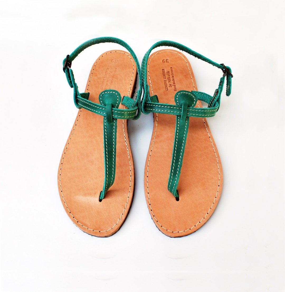 T Strap Green Leather Sandals Barefoot Beach Sandals - Etsy