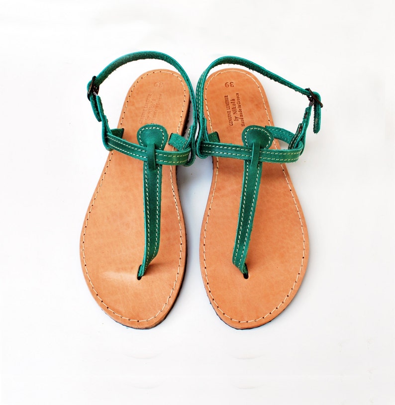 T Strap Green Leather Sandals Barefoot Beach Sandals Etsy