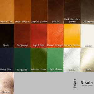 Puede incluir: Una carta de colores de muestras de cuero en varios tonos. Los colores incluyen: natural, marr&oacute;n avellana, marr&oacute;n co&ntilde;ac, marr&oacute;n, marr&oacute;n chocolate oscuro, marr&oacute;n aceite, negro, borgo&ntilde;a, rojo claro, naranja quemado, amarillo canario, blanco, azul marino, turquesa, verde bosque, verde claro, plata, oro y bronce.