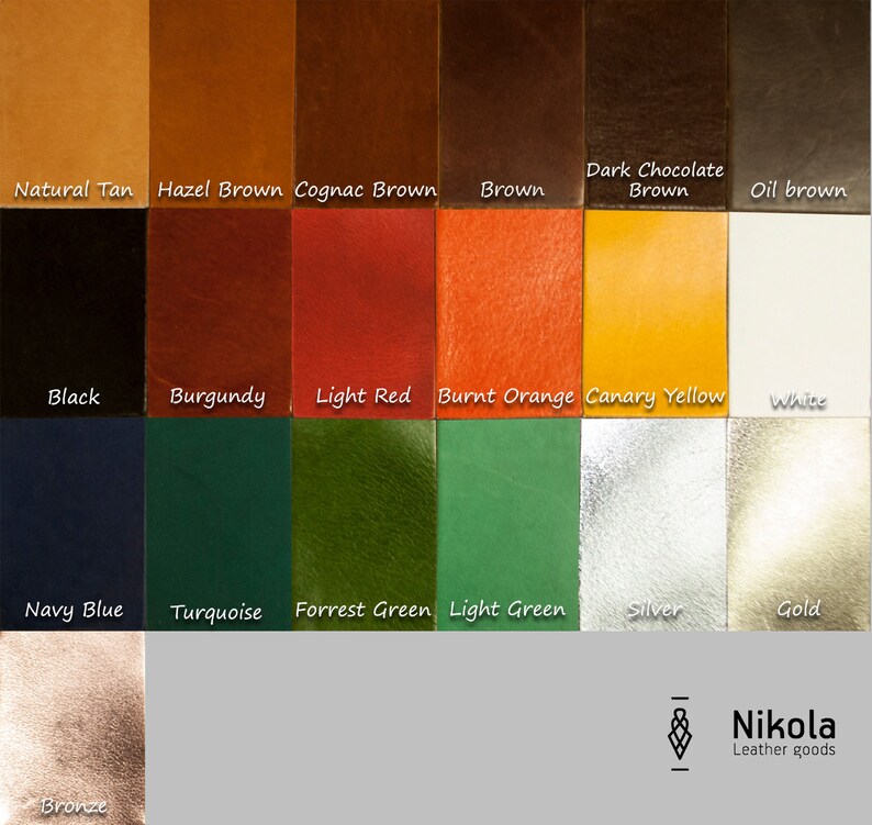Puede incluir: Una carta de colores de muestras de cuero en varios tonos. Los colores incluyen: natural, marr&oacute;n avellana, marr&oacute;n co&ntilde;ac, marr&oacute;n, marr&oacute;n chocolate oscuro, marr&oacute;n aceite, negro, borgo&ntilde;a, rojo claro, naranja quemado, amarillo canario, blanco, azul marino, turquesa, verde bosque, verde claro, plata, oro y bronce.