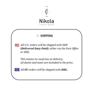 Pode incluir: Fundo branco com o texto "Nikola Leather goods" e um logotipo estilizado. A imagem inclui a palavra "SHIPPING" e detalhes sobre a entrega de pedidos nos EUA e na UE.