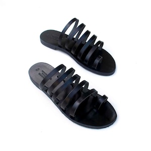 Black leather sole women slides with thin straps, boho sandals