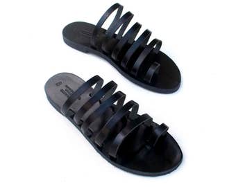 Black leather sole women slides with thin straps, boho sandals