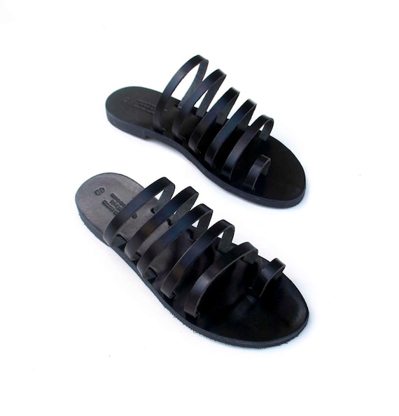 black sole sandals