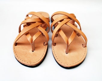 Triple Leather Women Sandal in Natural Tan Color