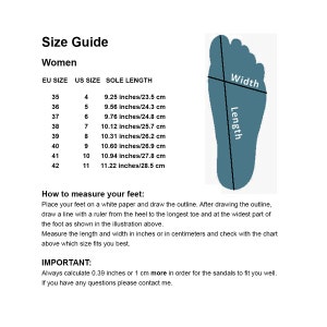 May include: Size guide for women's shoes, with EU and US sizes, and sole lengths in inches and centimeters. Includes instructions on how to measure feet for the best fit, emphasizing adding 0.39 inches to the measurement. A foot outline illustrates length and width.