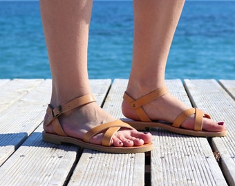 Sandales pour femmes avec sangles épaisses, sandales grecques, sandales faites à la main, sandales naturelles en forme de pied, chaussures minimalistes, sandales en cuir pour femmes