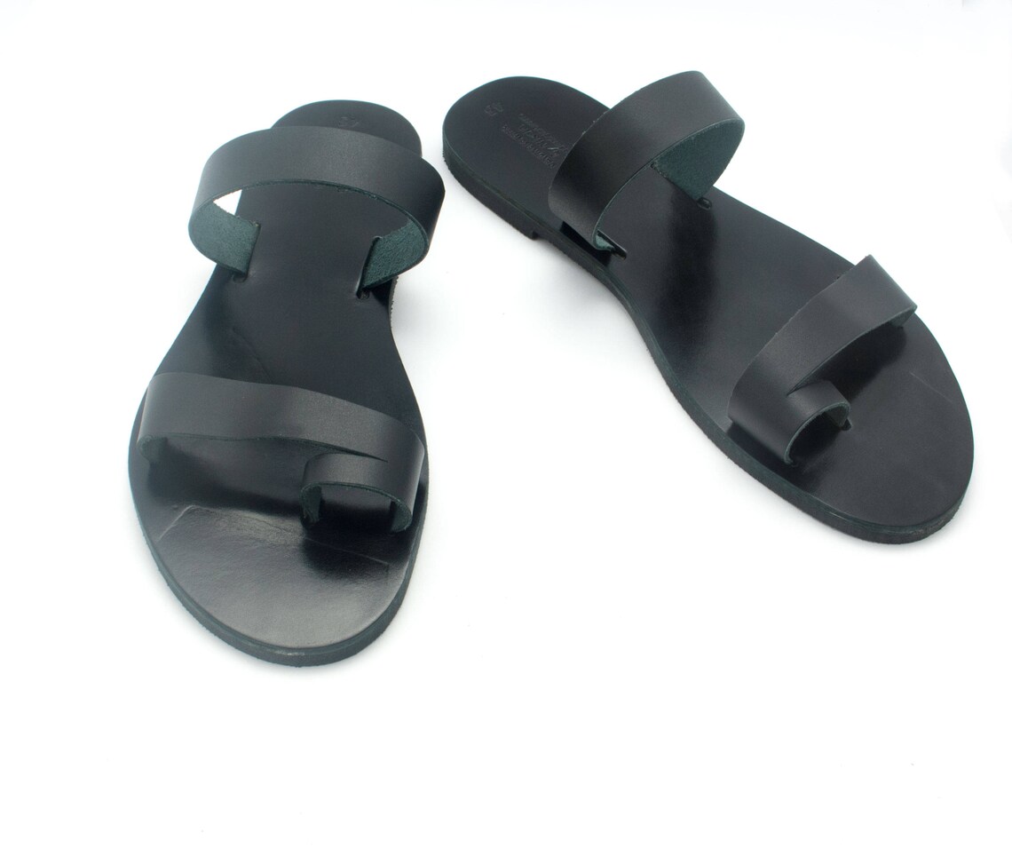 Black Mens Flats Leather Sandals Mens Summer Shoes Leather Etsy