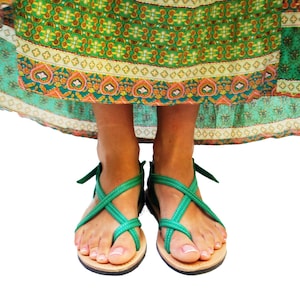 Handmade womens leather sandals in light green color image 2