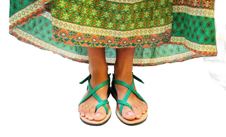 Handmade womens leather sandals in light green color image 2