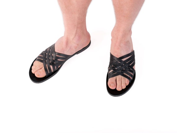 Black sandals for men, huaraches slides made in Greece.