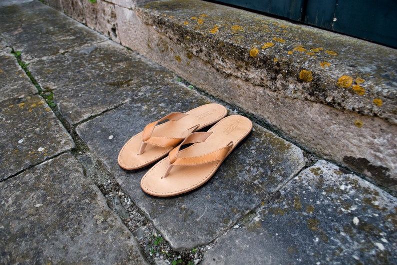 Mens Leather Sandals, Mens Flip Flops in Natural Brown, mens gift image 4