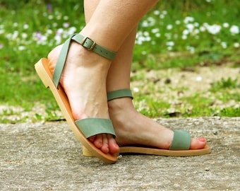 Handmade Nubuck ankle strap Greek women's sandals with buckle