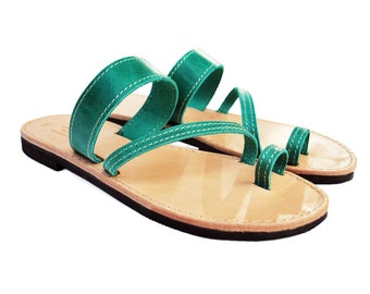 Greek Leather Sandals in Green Color