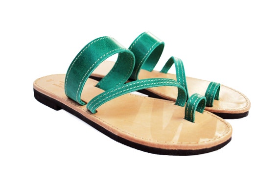 Greek Leather Sandals in Green Color