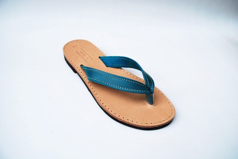 Leather Flip Flops in Blue image 3