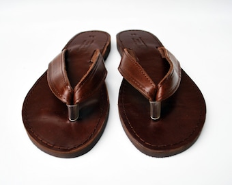 Flip Flop Sandal with High Quality Greek Leather in Dark Brown Color