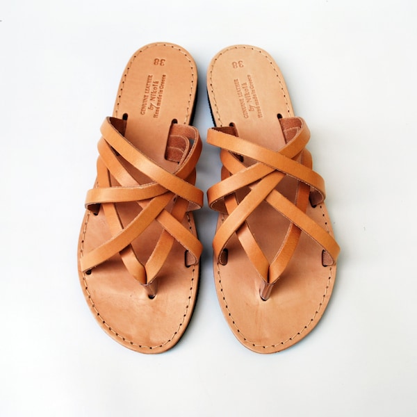 Triple Leather Women Sandal in Natural Tan Color