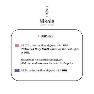 May include: White background with the text "Nikola Leather goods" and a stylized logo. The image includes the word "SHIPPING" and details about U.S. and EU order delivery.