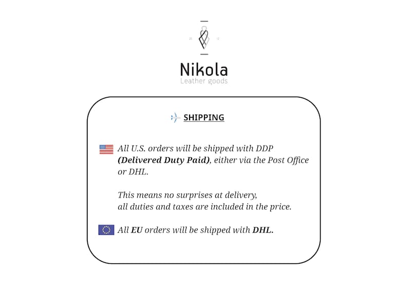 May include: White background with the text "Nikola Leather goods" and a stylized logo. The image includes the word "SHIPPING" and details about U.S. and EU order delivery.