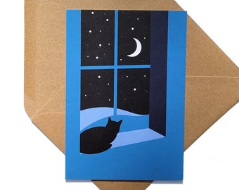 Cat Card - Watching Through The Night - Greetings Card Mini Print by OR8 DESIGN