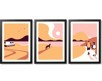 Minimal Summer Beach Landscape Print - Campervan | Dog | Walkers - Adventure Art Screenprint Poster by OR8DESIGN