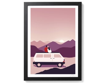 Disappear In The Sun - Couple Romantic Campervan Mountain A4 Art Print Poster by OR8 DESIGN