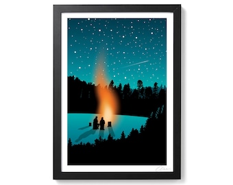 Let's Watch The Stars Together - Couple Romantic Camping Campfire A4 Art Print Poster by OR8 DESIGN