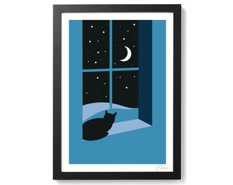 Cat Screenprint - Watching Through The Night - Art Print  by OR8 DESIGN