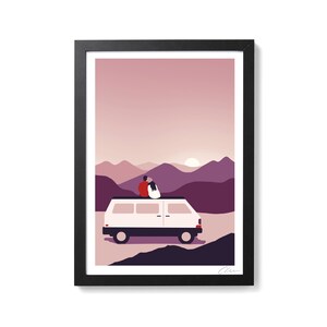Disappear In The Sun - Couple Romantic Campervan Mountain A4 Art Print Poster by OR8 DESIGN