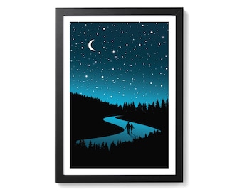 Midnight Walk In The Woods - Couple Romantic Walking A4 Art Print Poster by OR8 DESIGN