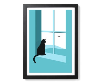 Cat Screenprint - Watching Through The Window - Art Print  by OR8 DESIGN