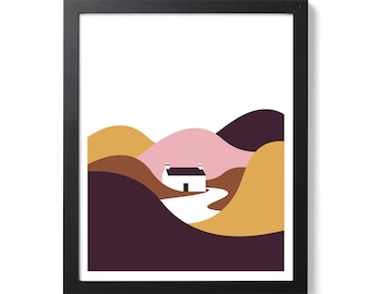 Autumn Cabin Cottage Minimal Landscape Screen Print Art Poster by OR8 DESIGN