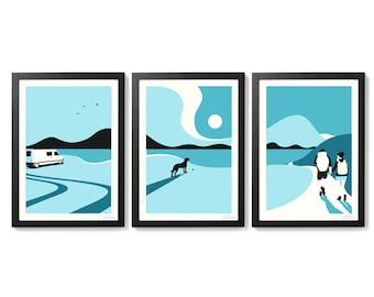 Minimal Beach Landscape Print - Campervan | Dog | Walkers - Adventure Art Screenprint Poster by OR8DESIGN