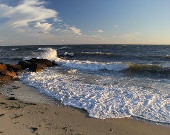 Photographie de plage, Chatham, Cape Cod, vague se brisant sur la jetée, conception côtière, Lower Cape, art mural, océan
