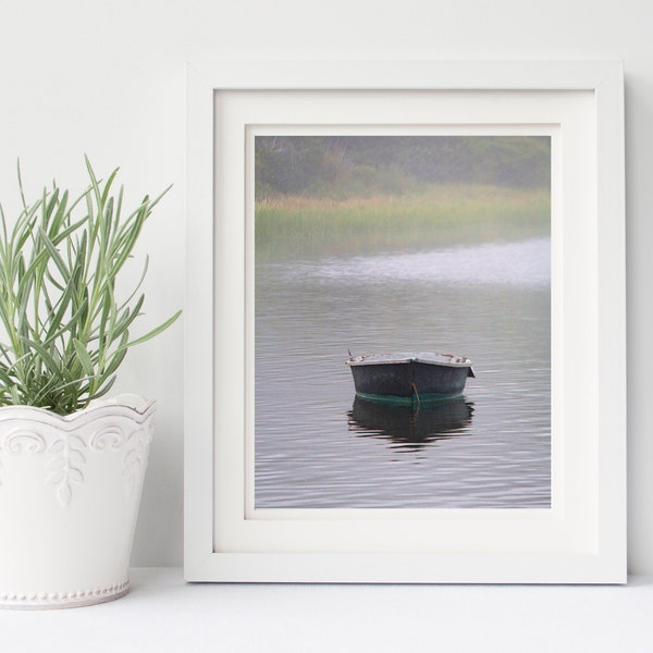 Rowboat Photography Boat Dingy Nautical Photograph Coastal Wall Decor Dusk Ocean Harbor Fog Calm Water Blue Green Home Decor