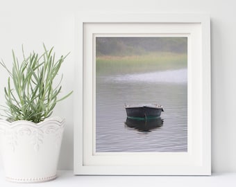 Rowboat Photography Boat Dingy Nautical Photograph Coastal Wall Decor Dusk Ocean Harbor Fog Calm Water Blue Green Home Decor