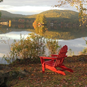Fall Adirondack Chair Lake Photography Maine Woodland Cabin Wall Art Autumn Foliage Home Decor Nature Photograph Cottage Landscape