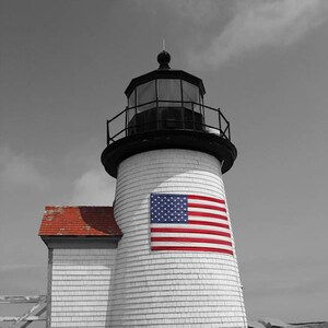 Nantucket Lighthouse American Flag Photography Cape Cod Art Nautical Decor Coastal Photograph Brant Point Light Summer New England Photo image 2