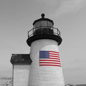 Nantucket Lighthouse American Flag Photography Cape Cod Art Nautical Decor Coastal Photograph Brant Point Light Summer New England Photo image 3