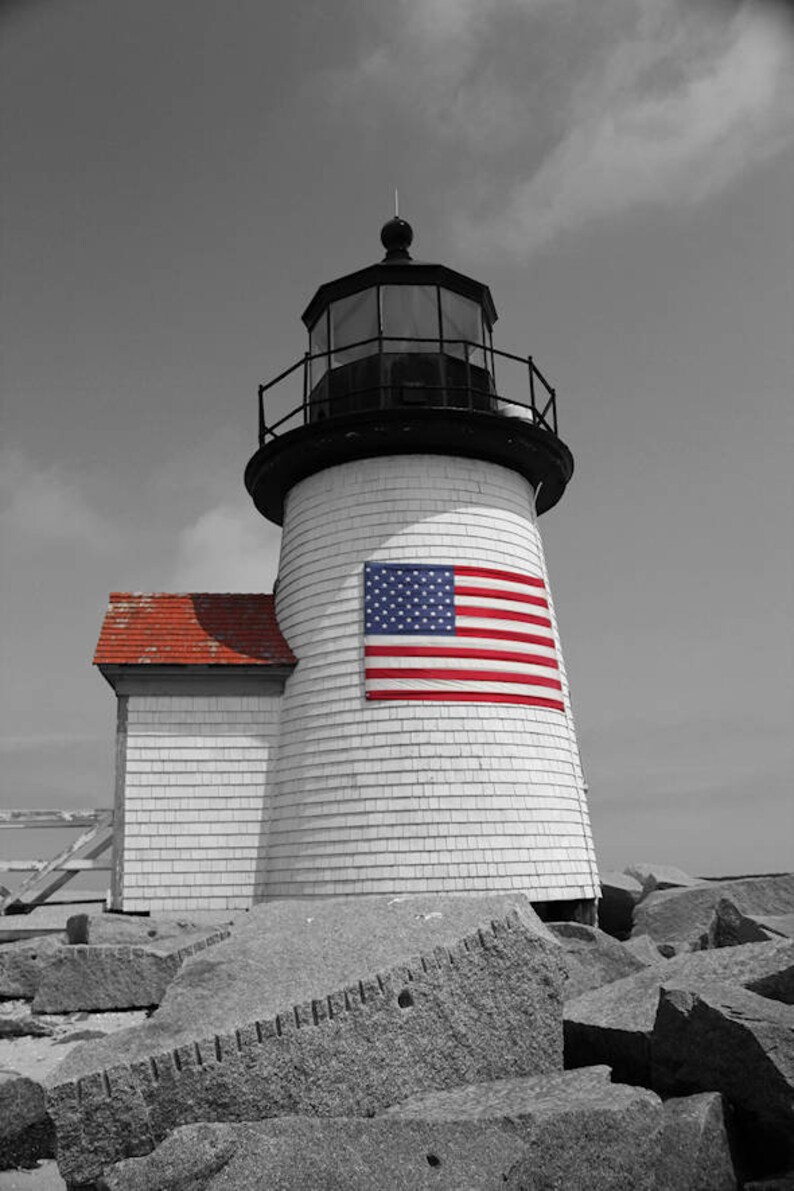 Nantucket Lighthouse American Flag Photography Cape Cod Art Nautical Decor Coastal Photograph Brant Point Light Summer New England Photo image 2