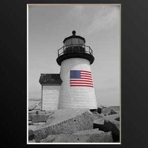 Nantucket Lighthouse American Flag Photography Cape Cod Art Nautical Decor Coastal Photograph Brant Point Light Summer New England Photo image 5