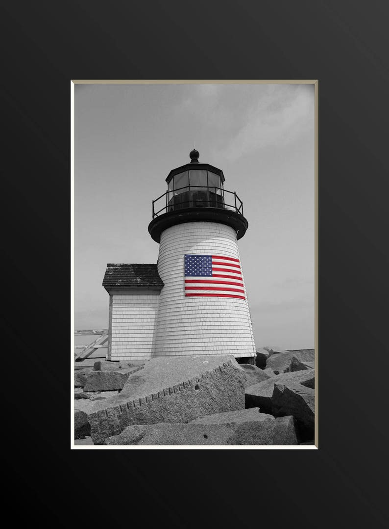 Nantucket Lighthouse American Flag Photography Cape Cod Art Nautical Decor Coastal Photograph Brant Point Light Summer New England Photo image 5